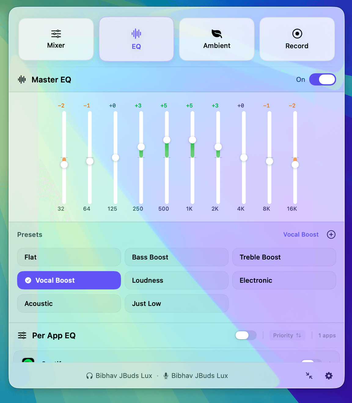 Audia's ten-band master equalizer with the Vocal Boost preset selected
